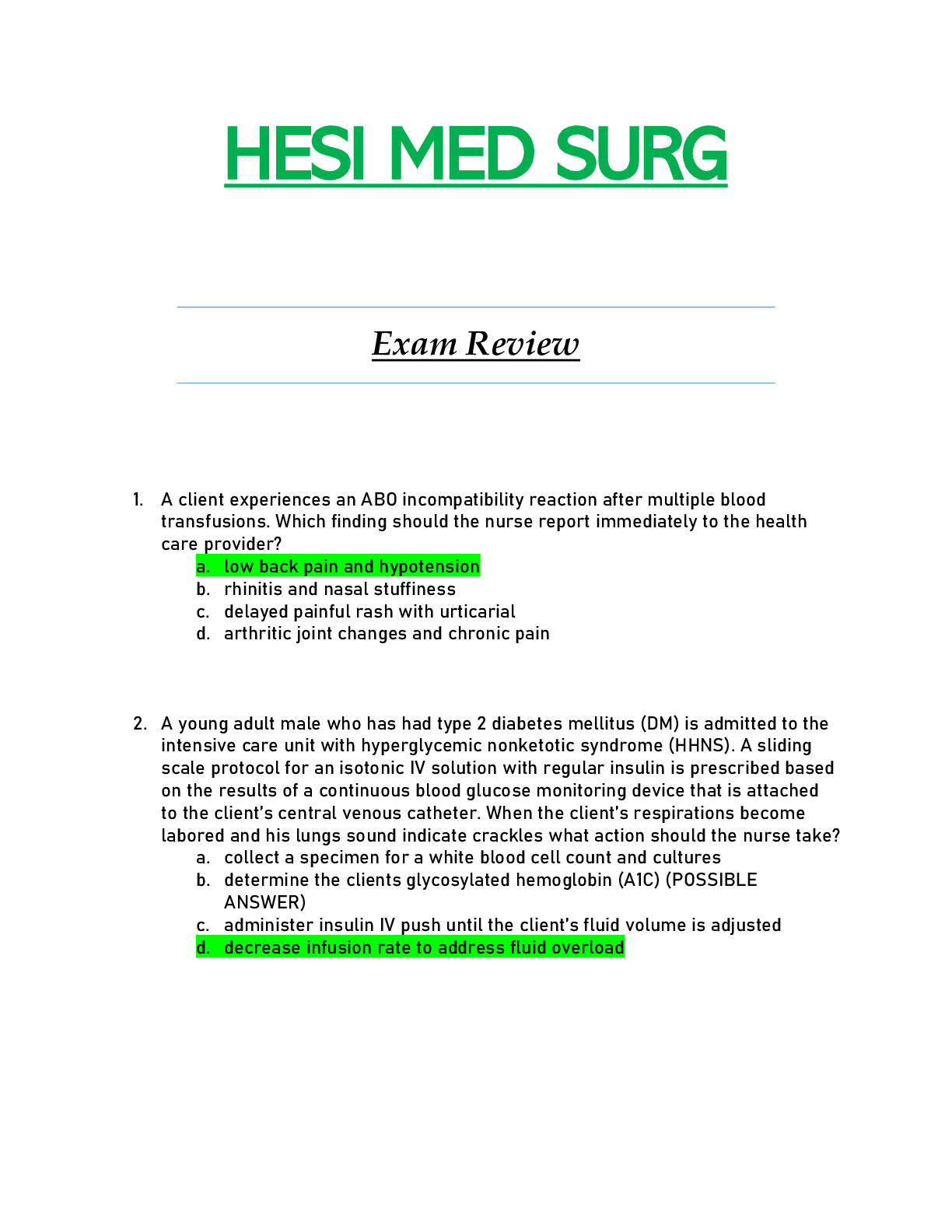 Preview of HESI MED SURG Questions & Answers (Latest - 2021)